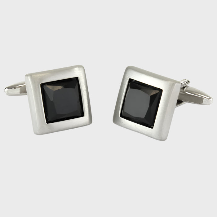 Rhodium with One Jet Stone Cufflinks
