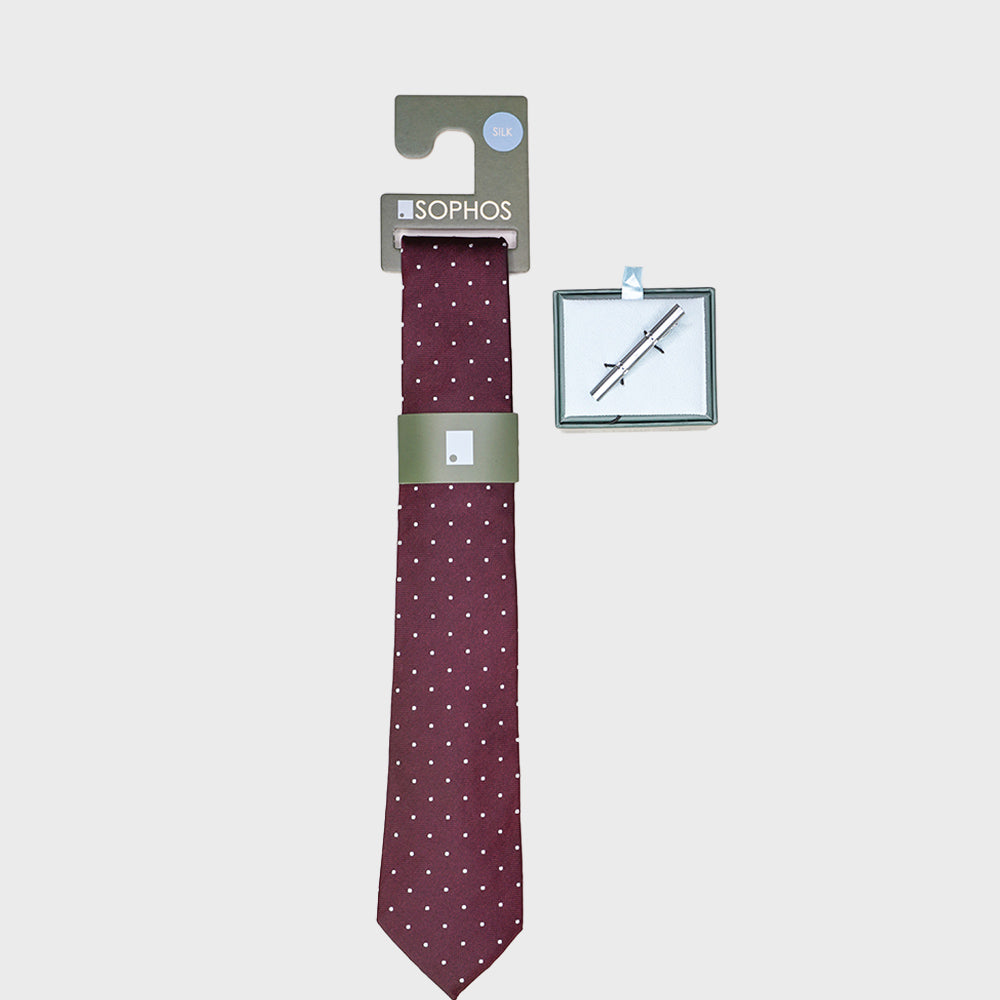 Burgundy Silk Spot Tie and Tie Bar Bundle