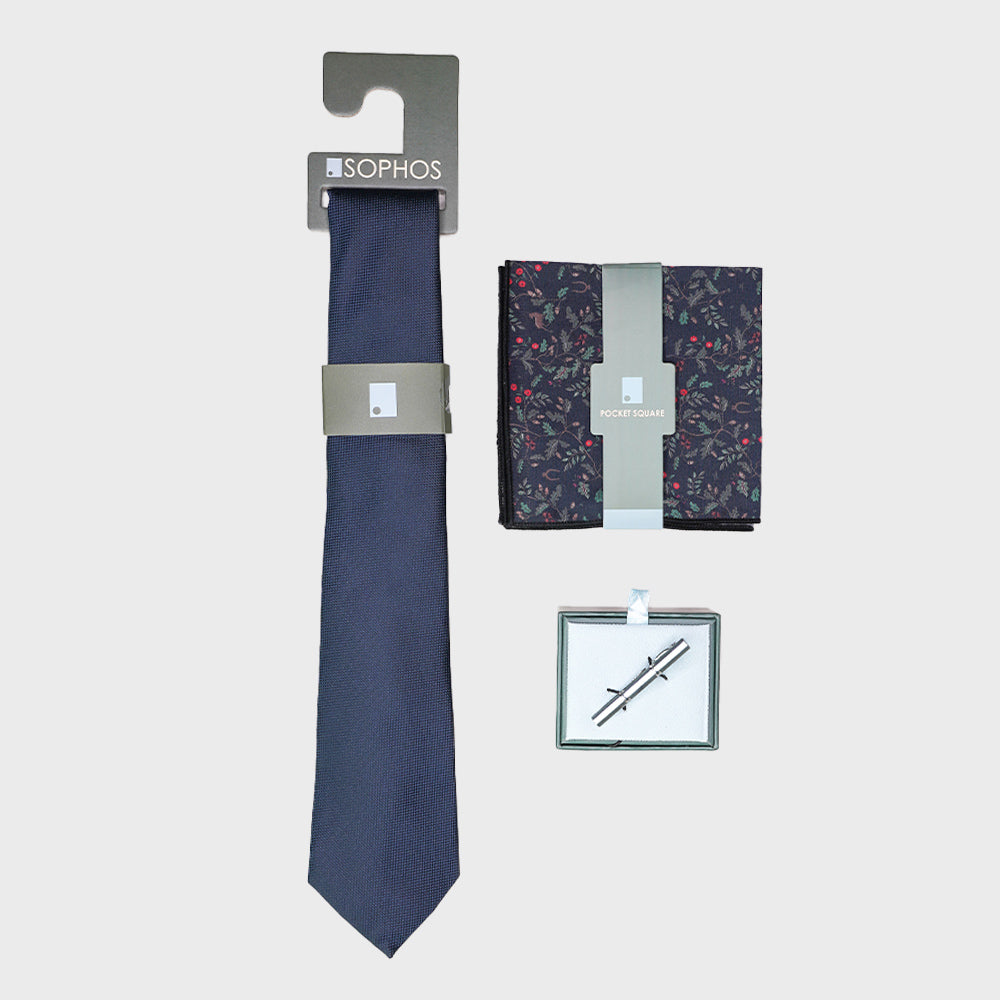 Navy Waffle Tie and Heritage Pocket Square with Tie Bar Bundle