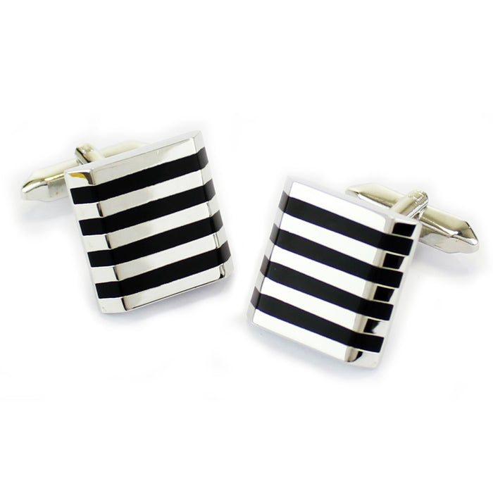 Silver Finish Square Cufflinks with Black Lines