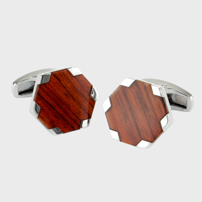 Polished Silver Finish Wood Hexagon Cufflinks