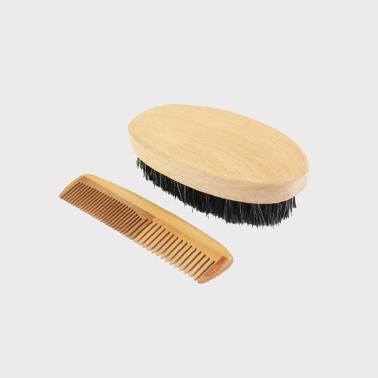 Natural Wood Military Hairbrush & Comb Set