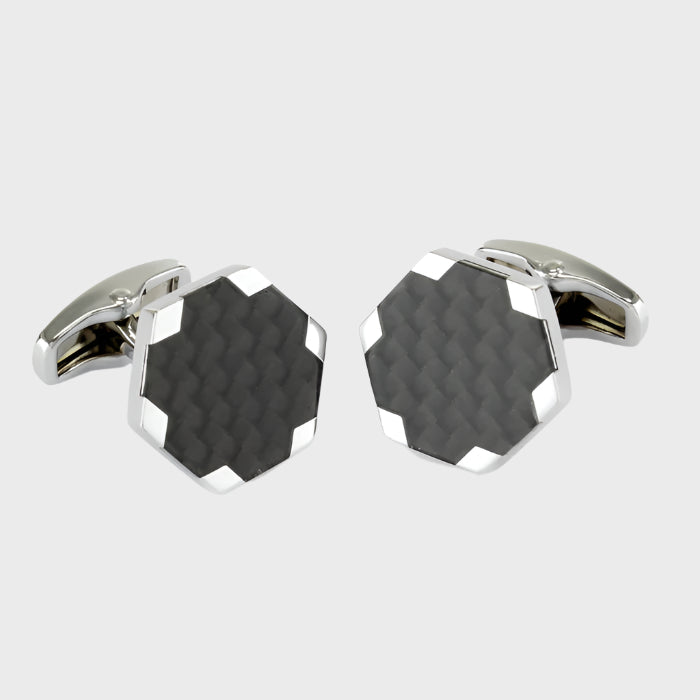 Polished Silver Finish Carbon Fibre Hexagon Cufflinks