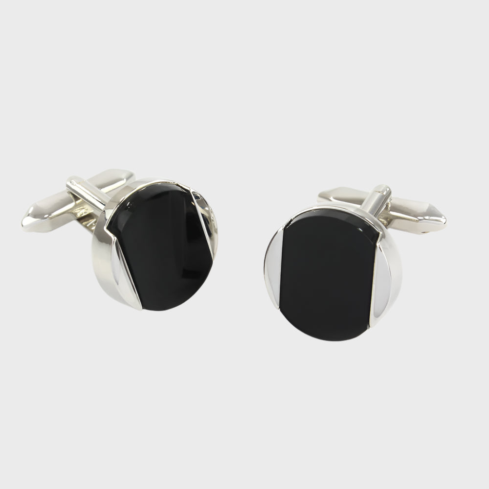 Round Onyx and Silver Finished Cufflinks